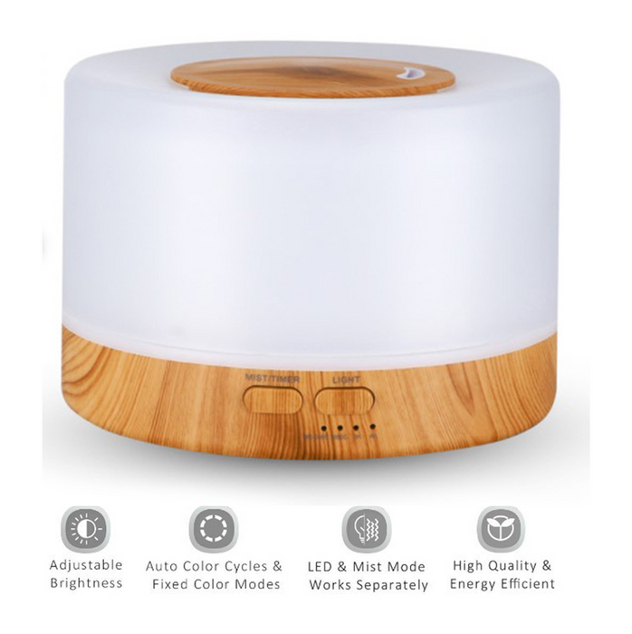 500ml Ultrasonic Home Diffuser, Natural Wood and White, 7 Color LED