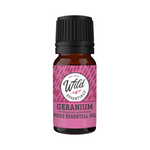 Bottle of Wild Essentials Geranium pure essential oil on a white background