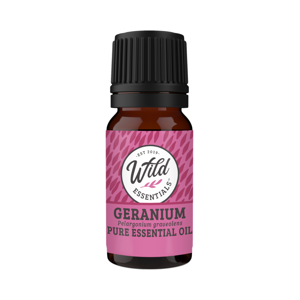 Bottle of Wild Essentials Geranium pure essential oil on a white background
