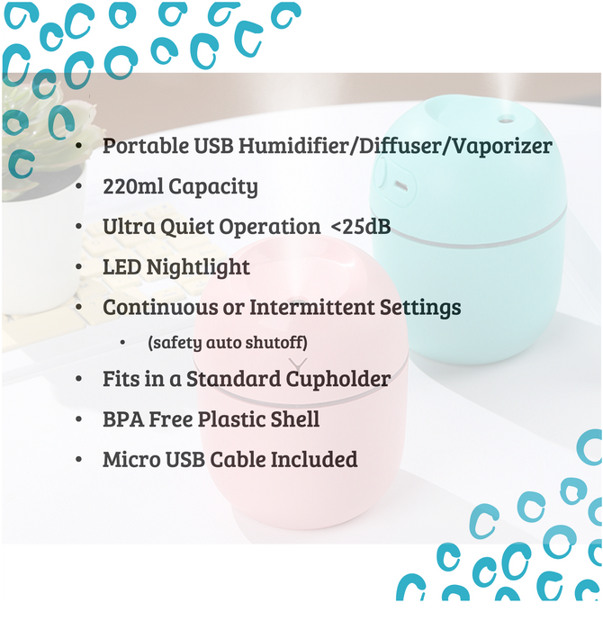 220ml Mini Cool Mist Diffuser/Humidifier, Nightlight, Portable, USB Power - Blue