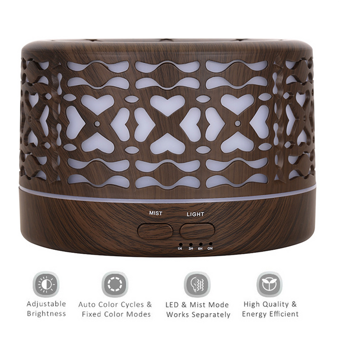 Designer 700ml Ultrasonic 5 in 1 Home Diffuser, Hearts Dark Wood, 7 Color LED, Remote Control Humidifier