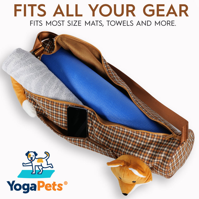 YogaPets Full Zip Exercise Cute Yoga Mat Tote Bag with Plush Animal Design